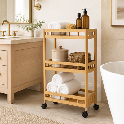 Bamboo 3-Tier Shelf with Wheel– Mobile Kitchen and Storage Organizer