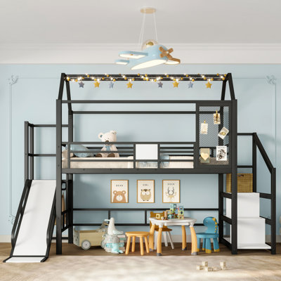 Twin Metal Playhouse Loft Bed with Slide and Shelves