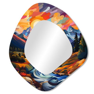 Colorful sunset River Mountains  horizon I - Fruits Unique Shape Mirror, Traditional Asymmetrical Decorative Wall Mirror, Printed Metal Art
