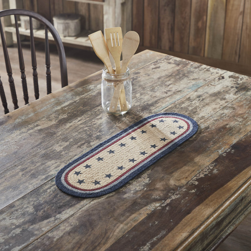 Navy and Natural Cotton Blend Oval Table Runner with Stenciled Stars