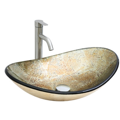Lavabo de comptoir en verre trempé doré avec drain escamotable en forme de bateau doré, conception lisse pour l'entretien, vestiaires appropriés et élégants, bords arrondis, hygiène, ajoute de l'esthétique à la maison, hauteur de 6,5 pouces