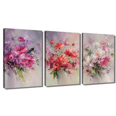 Tableau mural à 3 panneaux, bouquet floral de pivoines impressionniste, impression sur toile tendue