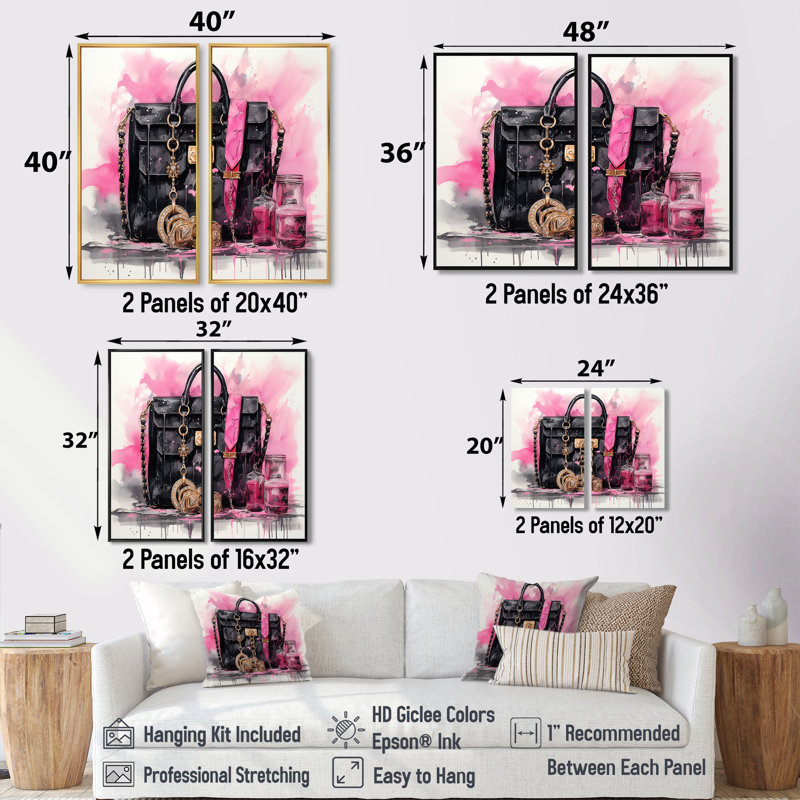 Deisgner, sac rose Envy II - ensemble d'art mural glamour rose de 2, Black, 36" H x 48" W, Impression encadrée flottante