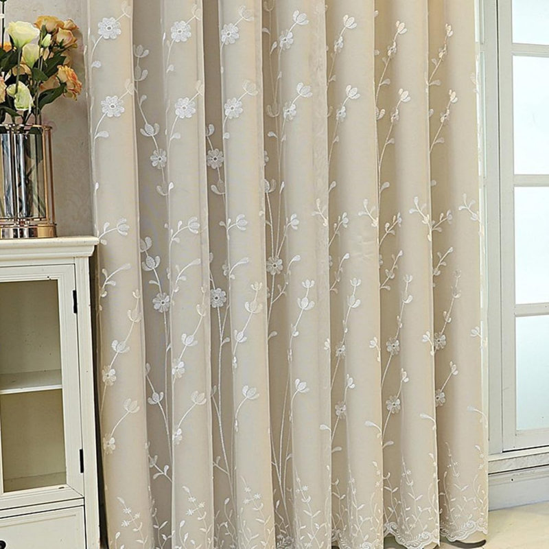 1 Pair Double Layer Flower Curtains Flower and Branch Embroidered Curtains (Beige,167 x 230 cm)