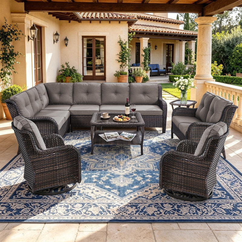 Ensemble de mobilier de jardin en résine tressée de 6 pièces avec causeuse, idéal pour les réunions de famille., Gris