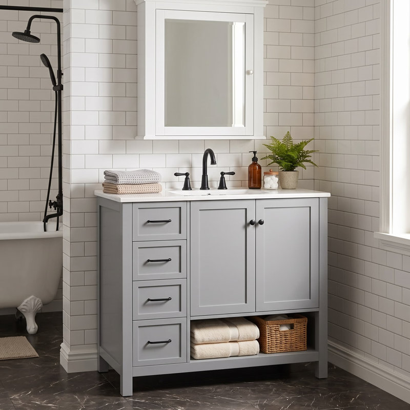 Meuble-lavabo de salle de bain de 91 cm (36 po) avec comptoir en lavabo, deux portes et deux tiroirs, Gris
