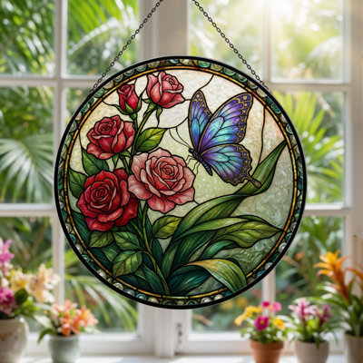 Panneau de vitrail papillon rose 7,8 "H