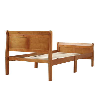 Structure de lit plateforme simple en bois massif avec tête et pied de lit - conception de lit-bateau avec support à lattes de bois, aucun sommier tapissier nécessaire, finition chêne