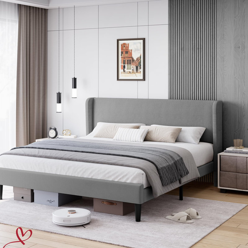 Lit plateforme double / grand / très grand avec lit tapissier en velours luxueux avec tête de lit à oreilles, support en lattes de bois sans sommier tapissier