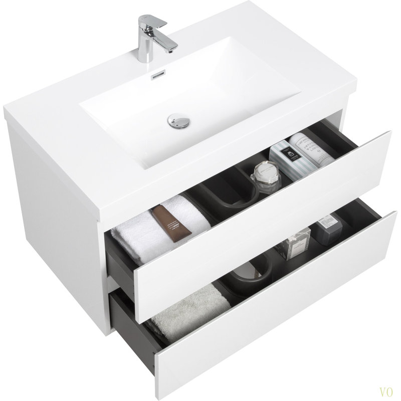 Meuble-lavabo flottant 36 po avec lavabo, meuble-lavabo mural moderne 36 po avec lavabo en résine et tiroirs à fermeture en douceur