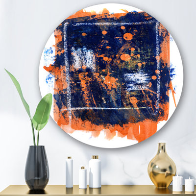 Orange et bleu marine abstrait - art mural moderne en cercle métallique