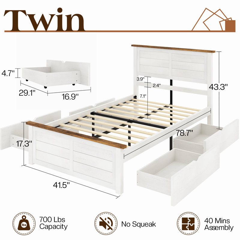  Twin Size Solid Wood Platform Bed with 4 Storage Drawers, for Kids, Teens, White/Brown, Twin, White/Brown