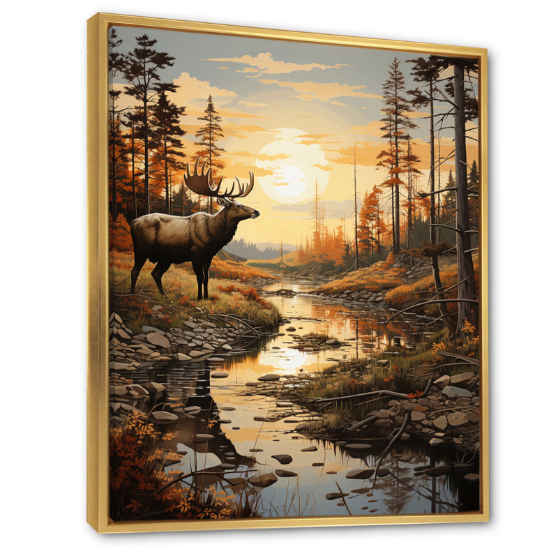 «Yancarlos Brown Yellow Moose Majestic Pastoral III», reproduction sur toile, H 32 po x l 24 po x P 1 po, Cadre flottant doré