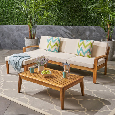 Ensemble de canapé modulaire en bois d'acacia 3 pièces en forme de L avec coussins résistants à l'eau, ensemble de conversation pour terrasse ou porche Shape