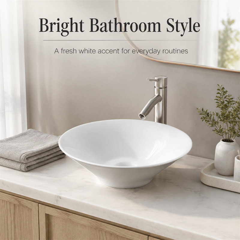 Lavabo vasque rond en céramique, blanc brillant, au-dessus du comptoir, lavabo résistant aux taches