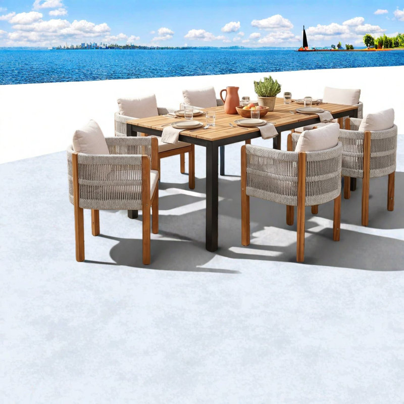 Ensembles de salle à manger de patio moderne, 7 chaises en corde d'acacia pour la cour arrière