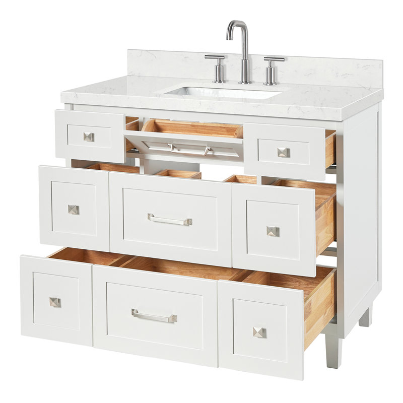 Meuble-lavabo simple en bois massif 42 po ARIEL Monroe, Blanc, 42" - 43", Carrara White Quartz