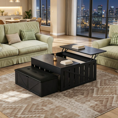 Table basse à plateau relevable avec compartiment de rangement caché et banc repose-pieds, table de ferme de style campagnard de 31,5 pouces avec plateau relevable réglable en bois pour le salon, noir