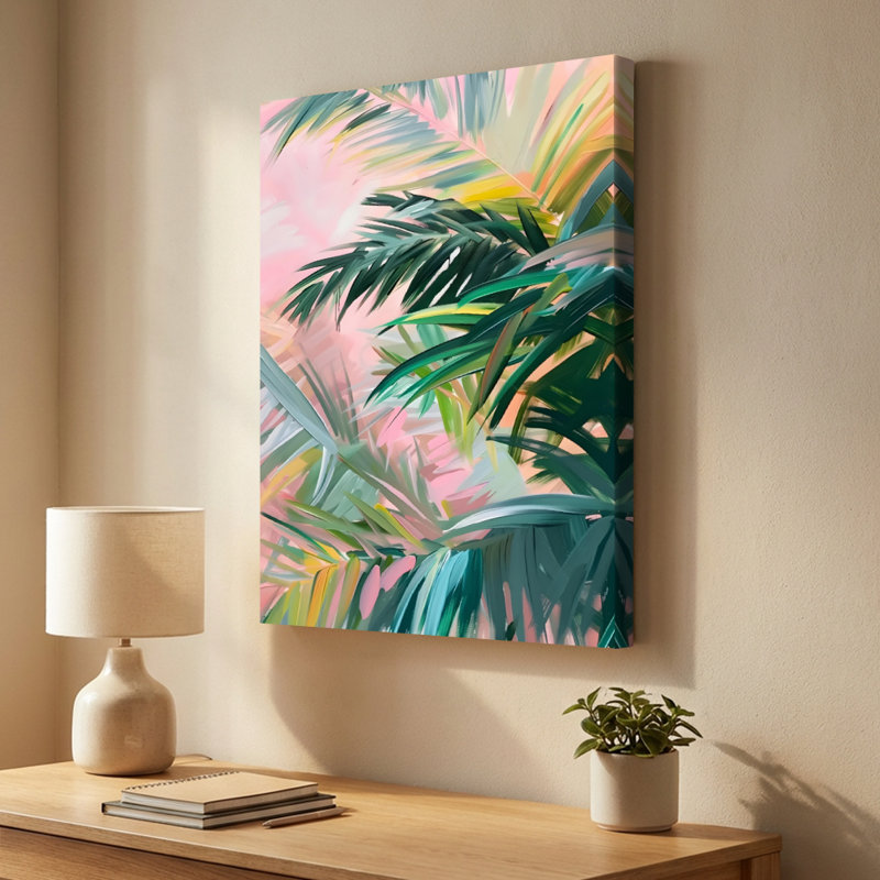 Feuilles de palmier tropicales roses et vertes, style impressionniste - Reproduction d'art mural impressionniste sur toile tendue sur châssis, 91,4 cm (H) x 61 cm (L), prête à être accrochée