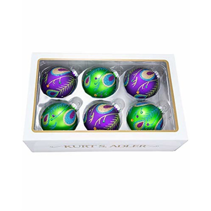 Peacock Green and Purple Glass Ball Ornament Set of 6