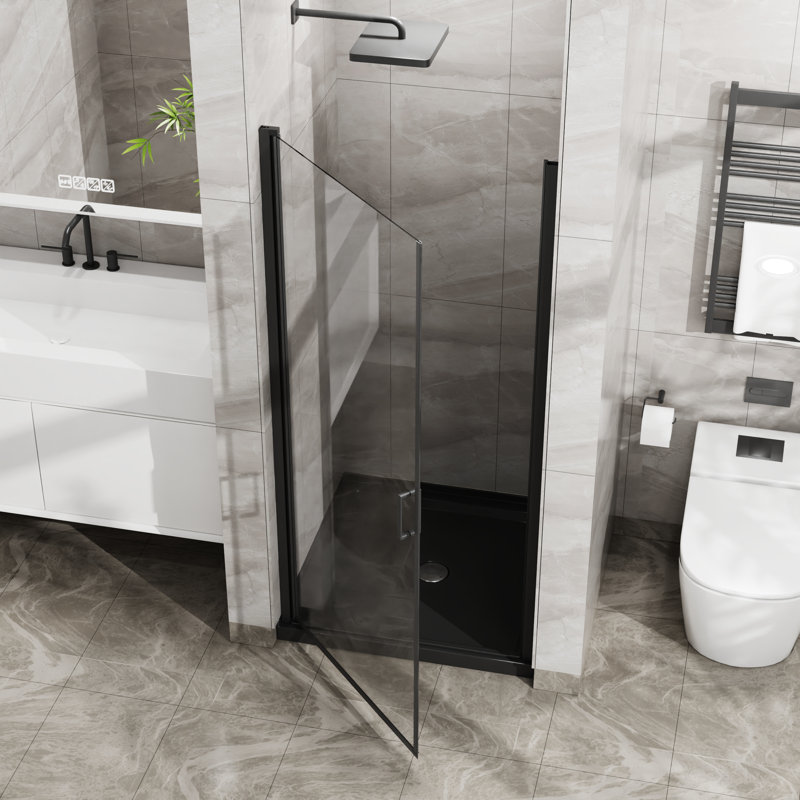 Pivot Shower Door, 1/4 Inch Thick Tempered Glass Swing Shower Door In Black Finish, Semi-Frameless Design | Gift Idea, Black