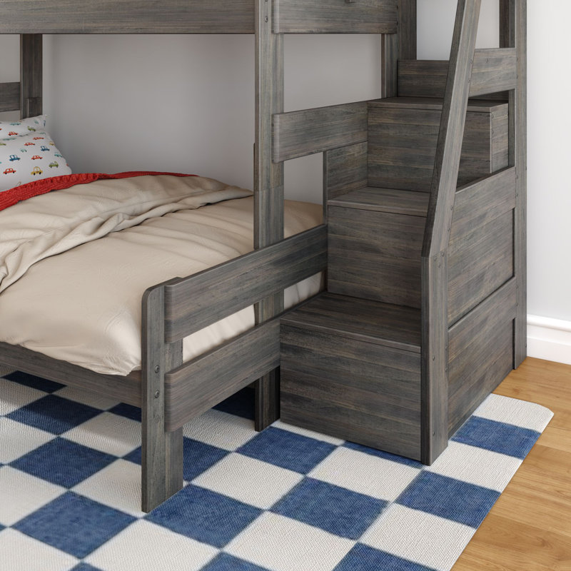 Modern Farmhouse Bunk Bed With Staircase, Driftwood, Twin XL Over Queen