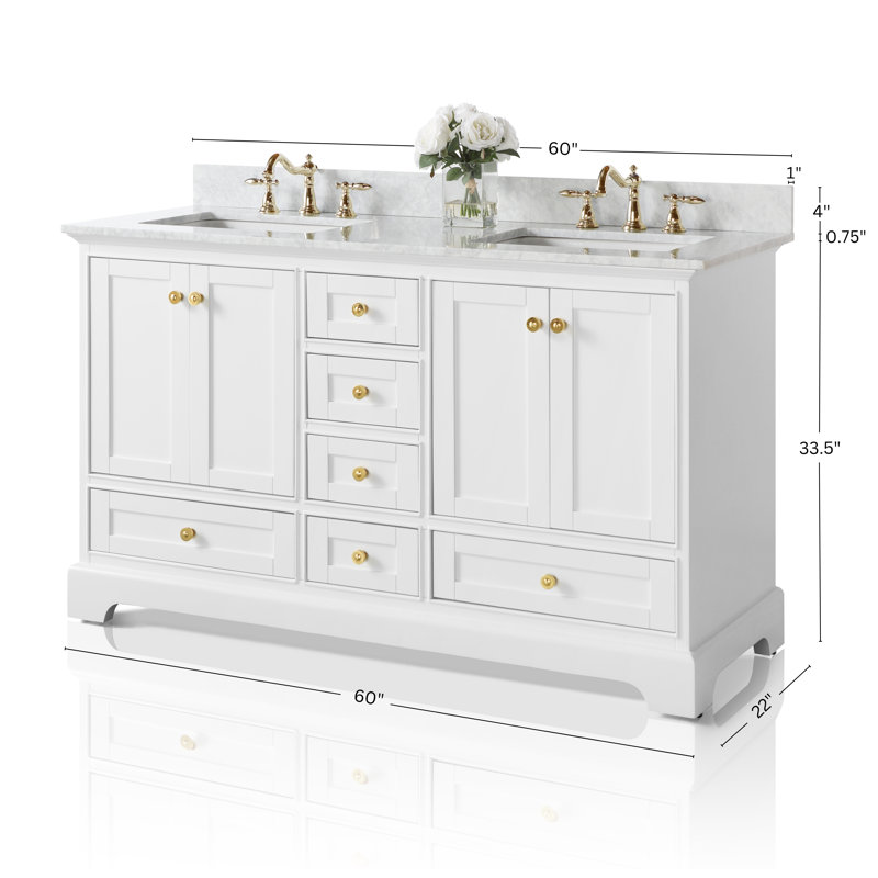 Audrey 60'' W Double Vanity, White/Brushed Gold, Carrara White Marble