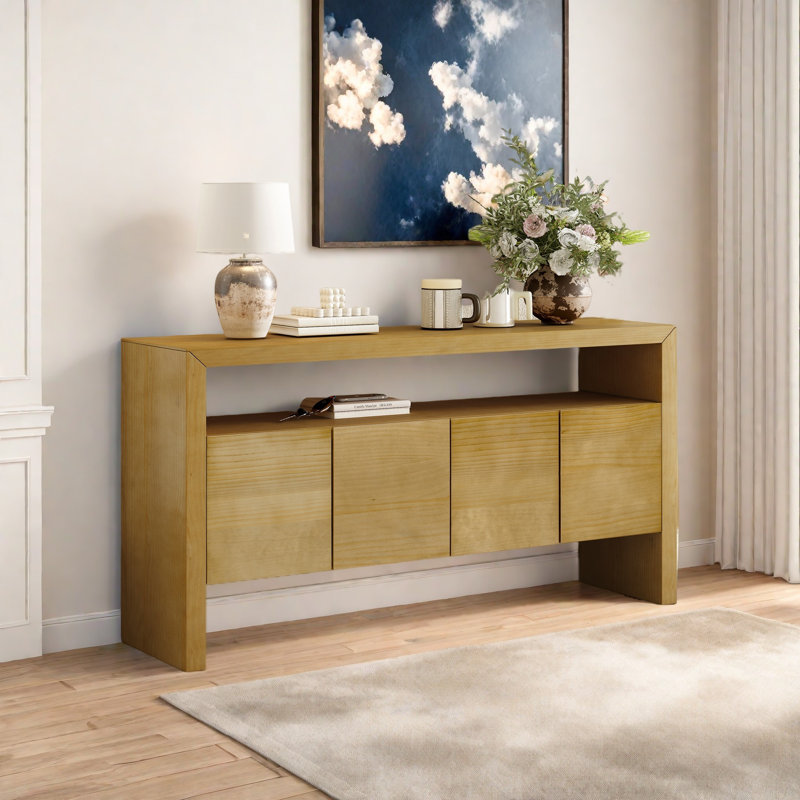 4-Door Sideboard, Modern Minimalist Solid Wood Veneer Sideboard With Open Shelf, Natural Wood Grain, Large Capacity Storage Console For Living Room, Hallway, Dining