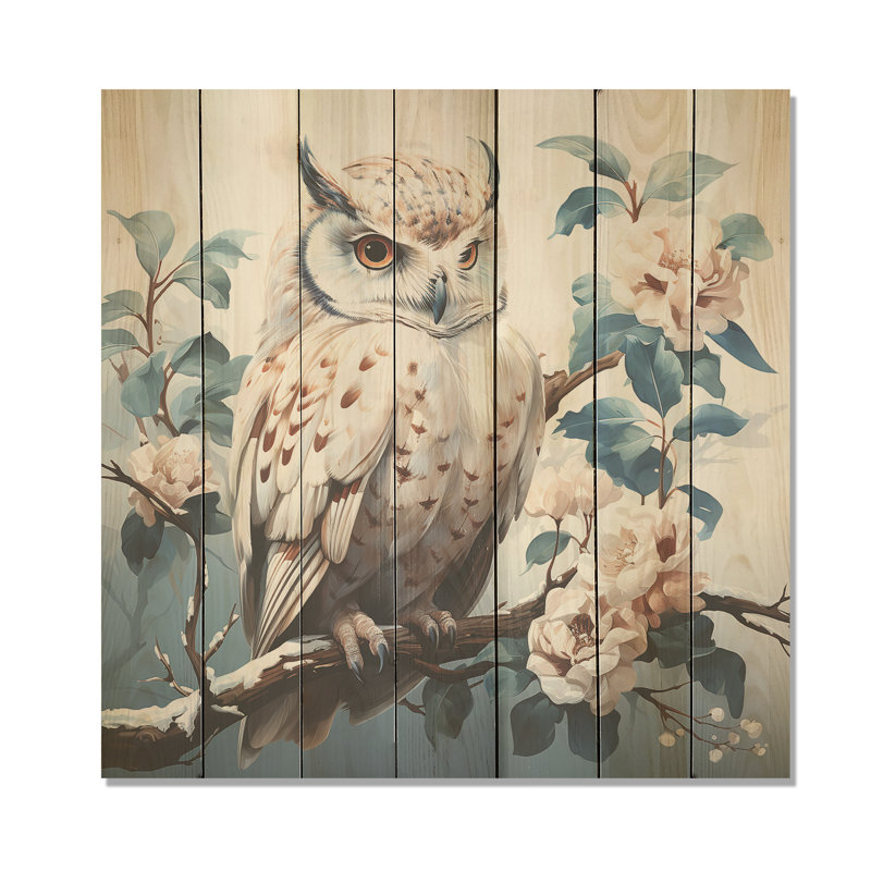Owl Blooms Perch I - Owl Animal On Wood Print, 25" H x 25" W