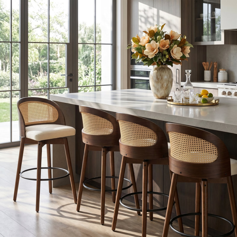 Ensemble de 4 tabourets de bar pivotants en noyer tissé avec structure en bois d'hévéa et dossier en polyéthylène