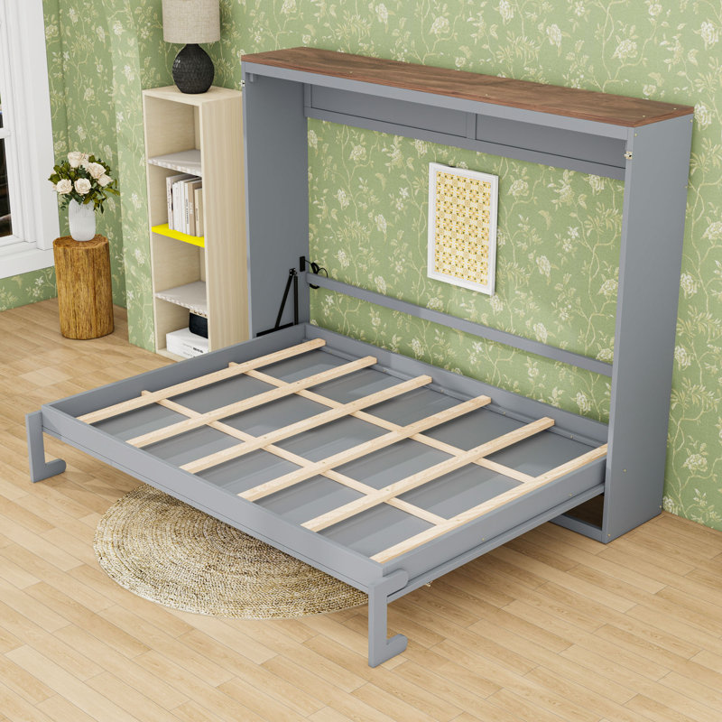 Grand lit escamotable mural en bois avec USB, Gris