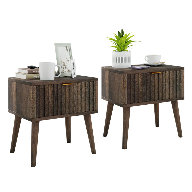 George Oliver Nightstands Dark Brown 1-Drawer With Solid Wood Legs, Set of 2