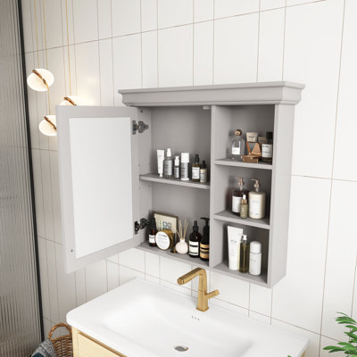 Armoire à pharmacie grise 30 po avec miroir, armoire de rangement murale avec rangement et tablettes réglables