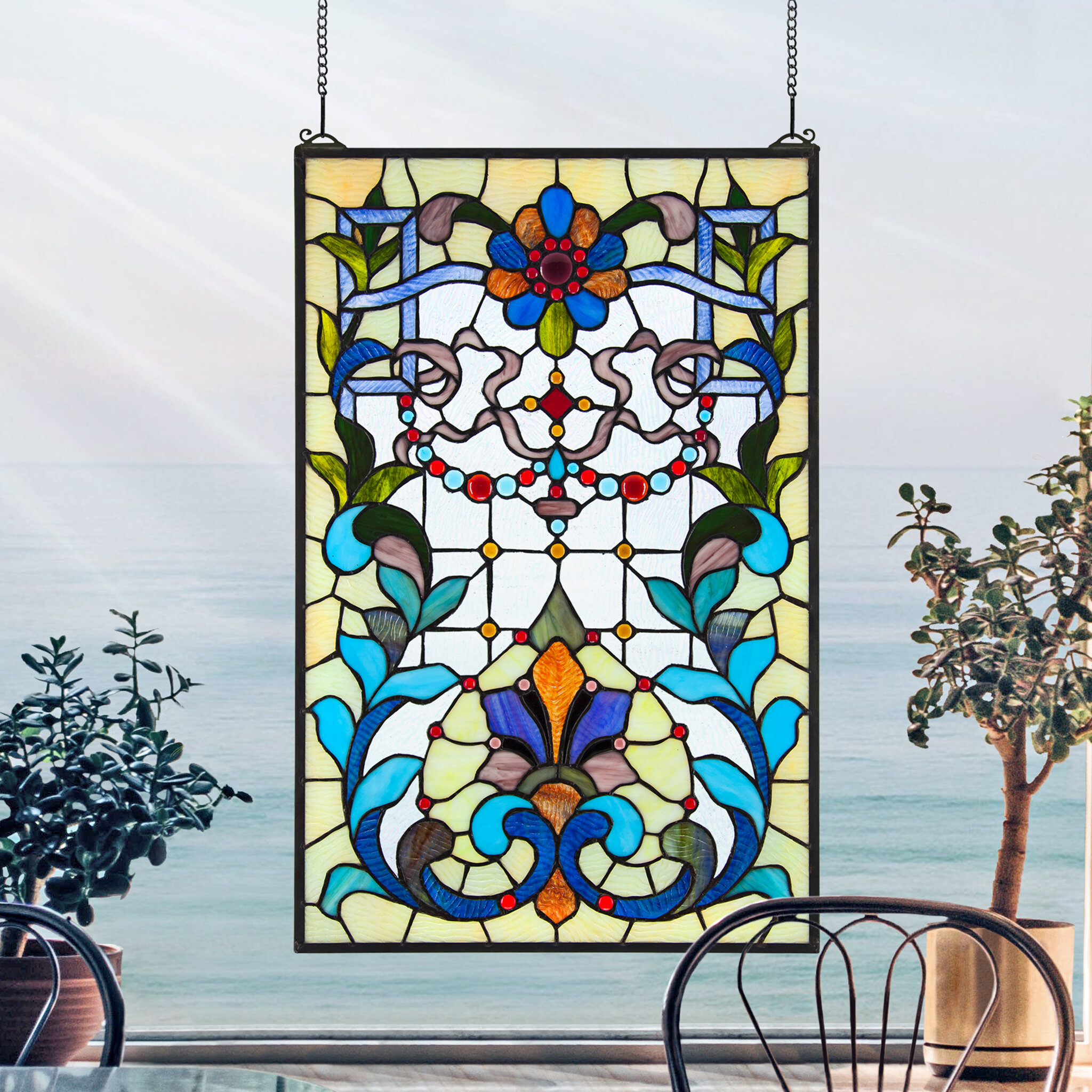 Peacock Sunset Stained Glass Window - Design Toscano