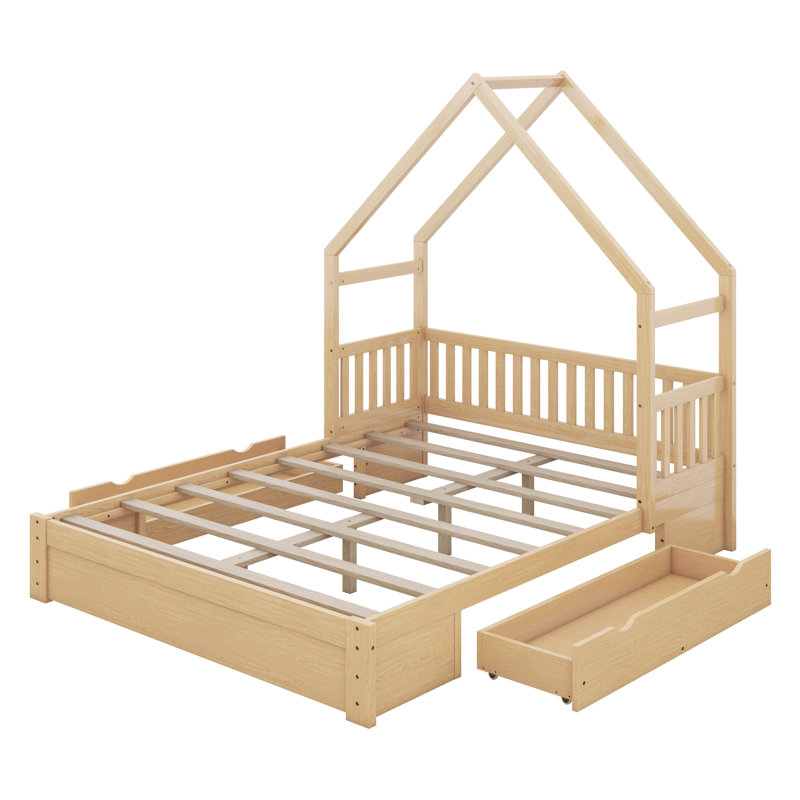Lit pour grand lit pour enfants, lit plateforme bas avec 2 tiroirs de rangement, cadre de lit en bois avec garde-corps et toit