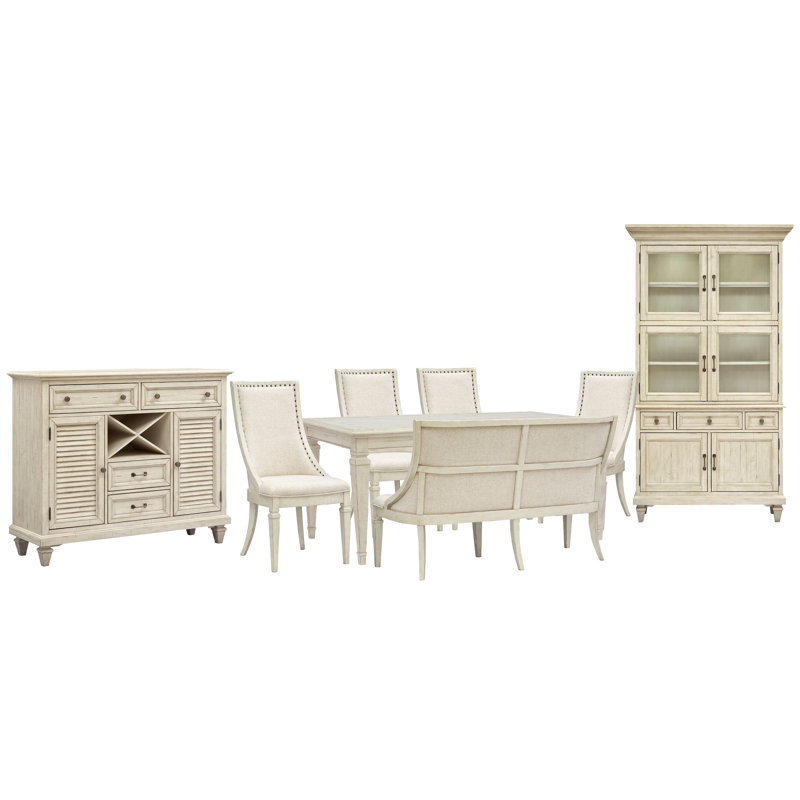Extendable Rectangular Dining Table With 4 Arm Chairs Upholstered Bench Server And Dining Cabinet