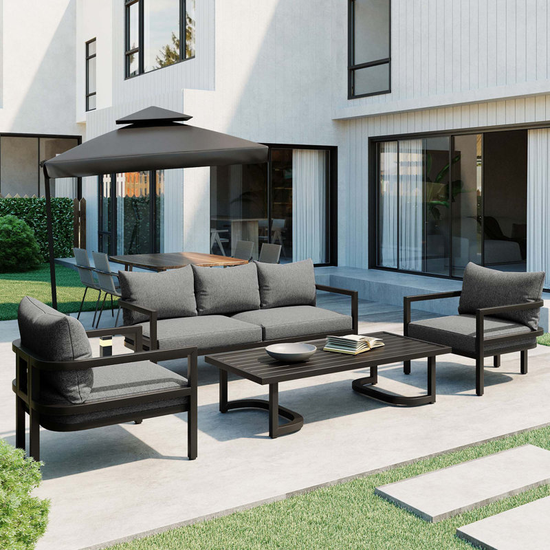 Rajina Wood 3 - Person Patio Conversation Set with Cushions, Light Gray