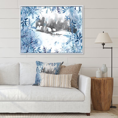 Paysage de Noël d'hiver en bleu, blanc et gris - Peinture sur toile
