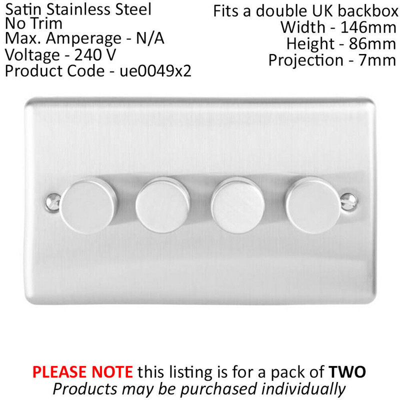 2 PACK 4 Gang 400W 2 Way Rotary Dimmer Switch CHROME Light Dimming Plate, Silver, Satin