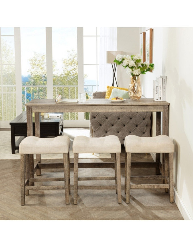 Ensemble de table de bar longue à hauteur de comptoir et de 3 tabourets - multiprise intégrée, sièges rembourrés, peu encombrants pour la cuisine / le salon / la salle de jeux
