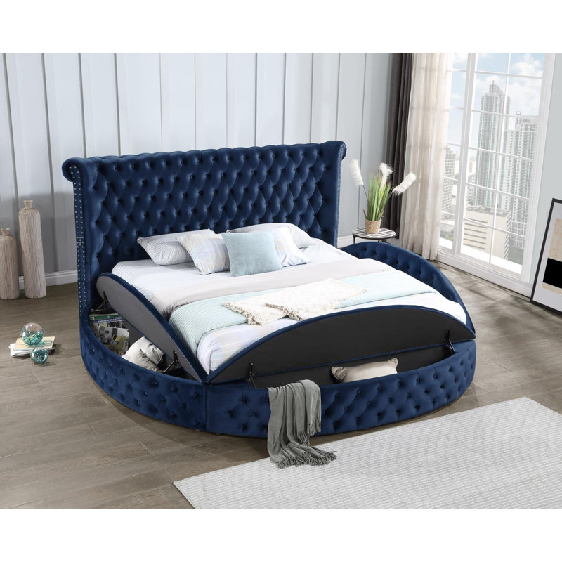 Lit Queen en velours bleu avec haut-parleur Bluetooth et port USB, Grand lit