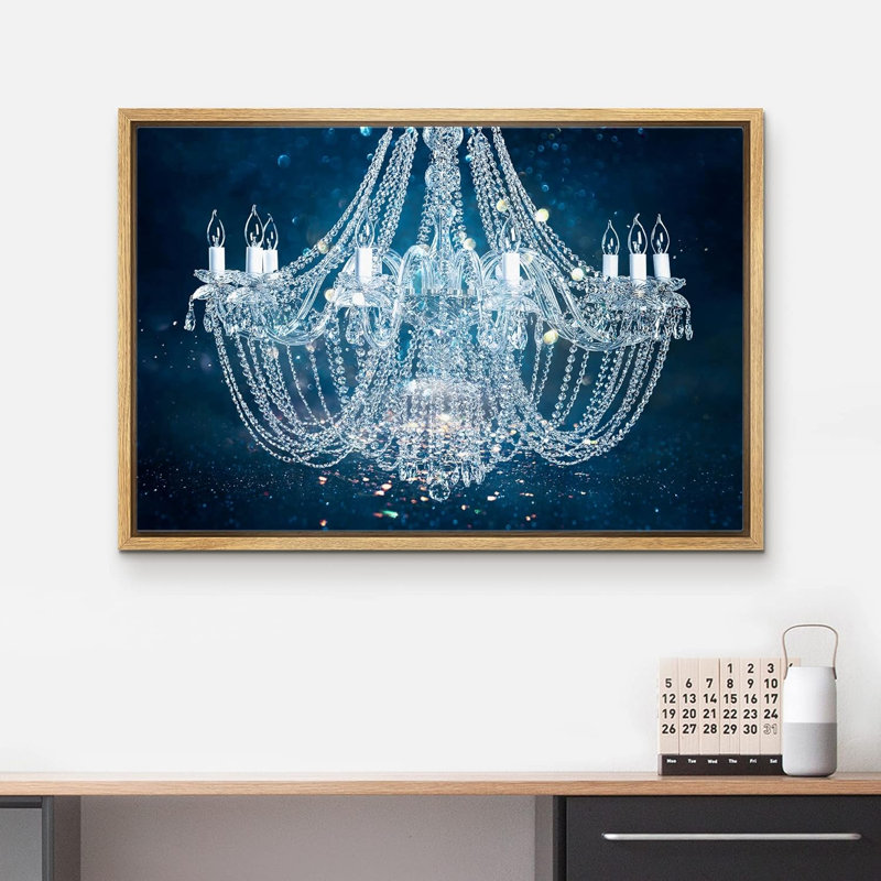 «Blue Glitter», lustre en cristal blanc fantaisie, lumières, art mural contemporain élégant sur toile, Cadre naturel flottant