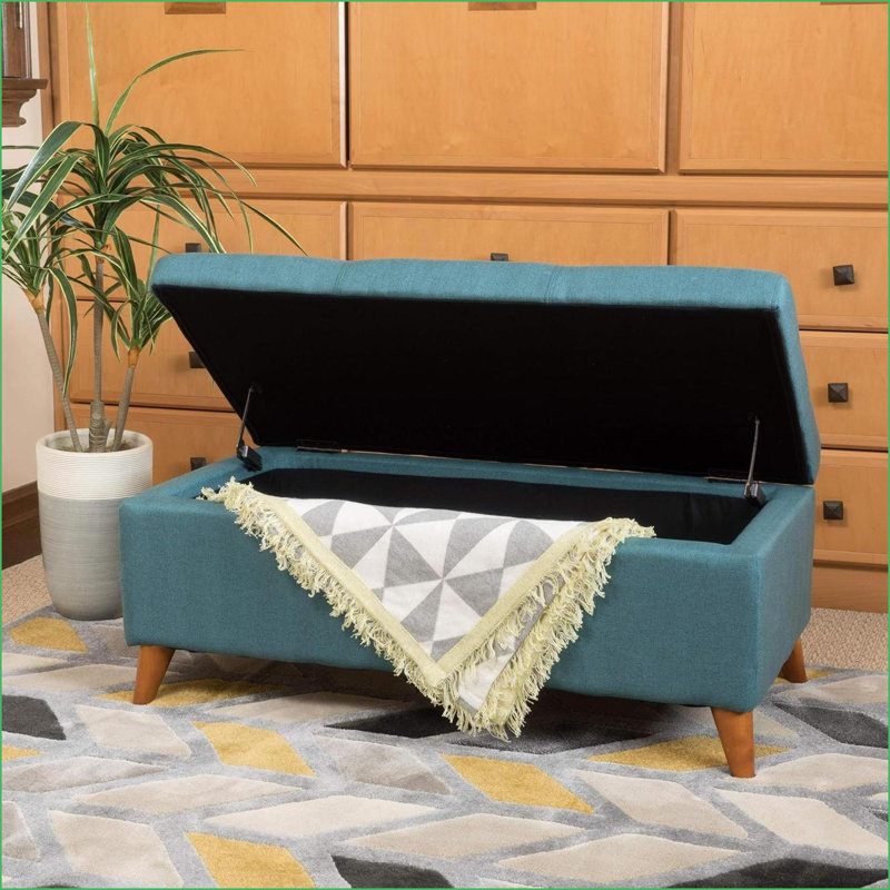 Banc repose-pieds avec rangement, capitonné moderne de 38 po de largeur pour le salon | Bois de bouleau massif, Sarcelle
