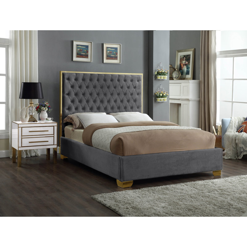Spadaro Upholstered Platform Bed, King, Grey Velvet, Gold