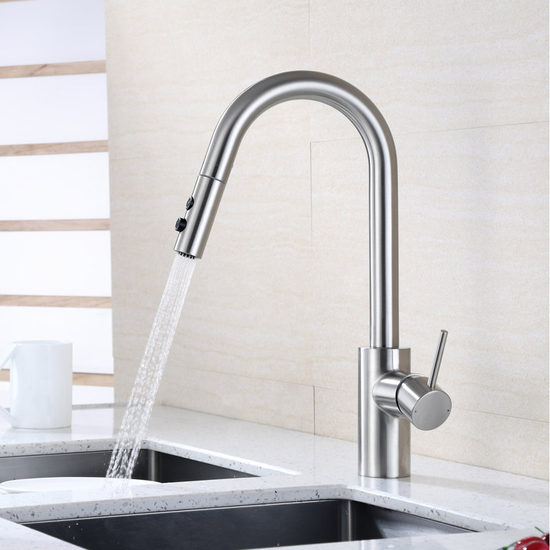 Robinet de cuisine contemporain à poignée simple avec accessoires, Nickel brossé