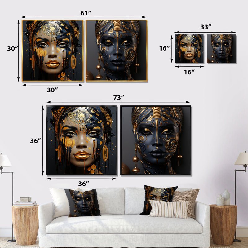 Tribus expressives noires et dorées, femme africaine I - femme, ensemble de 2 reproductions d'art mural, Cadre noir