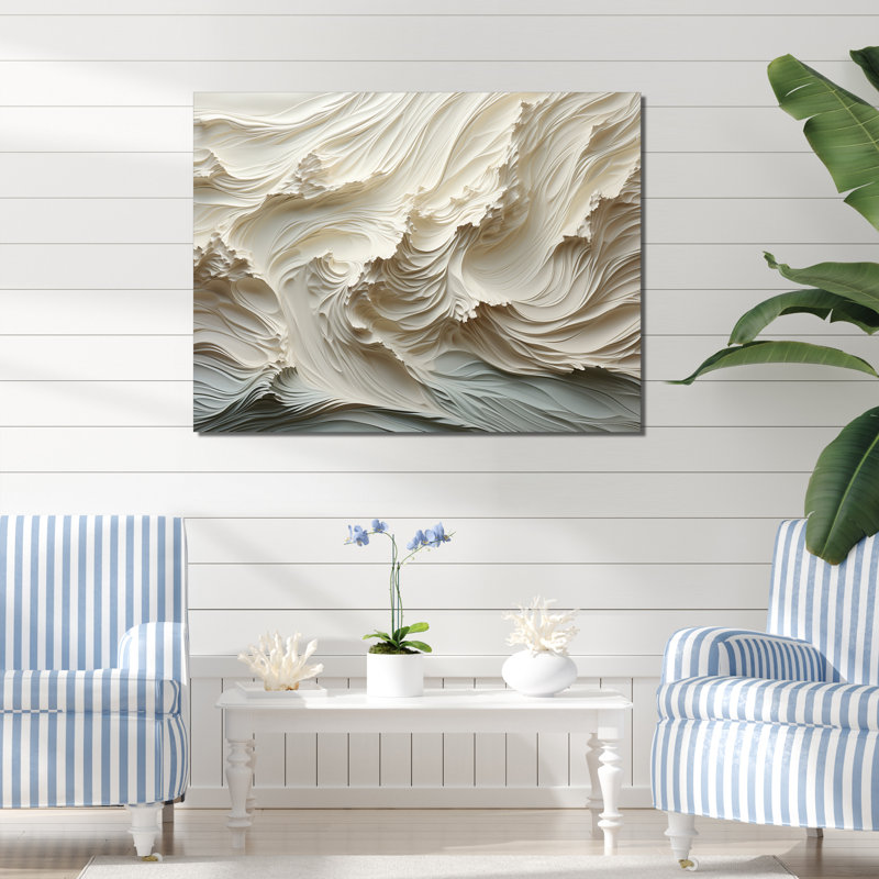 «White and Blue Wave Papercut Style II» - art mural vagues côtières, H 34 po x l 44 po x P 1,5 po, Toile tendue