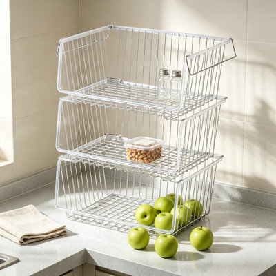 Wire Storage Basket Set, Stackable Organizer Bins with Handles, Sturdy Metal for Pantry, Kitchen, Closets, Bathroom, and Cabinets