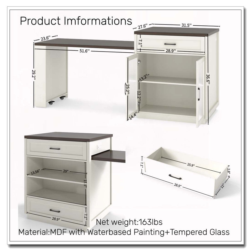 83.1'' Extendable Kitchen Island with Slide Out Table and Storage Racks for 2-6 Person,Kitchen Island with Tempered Glass Doors