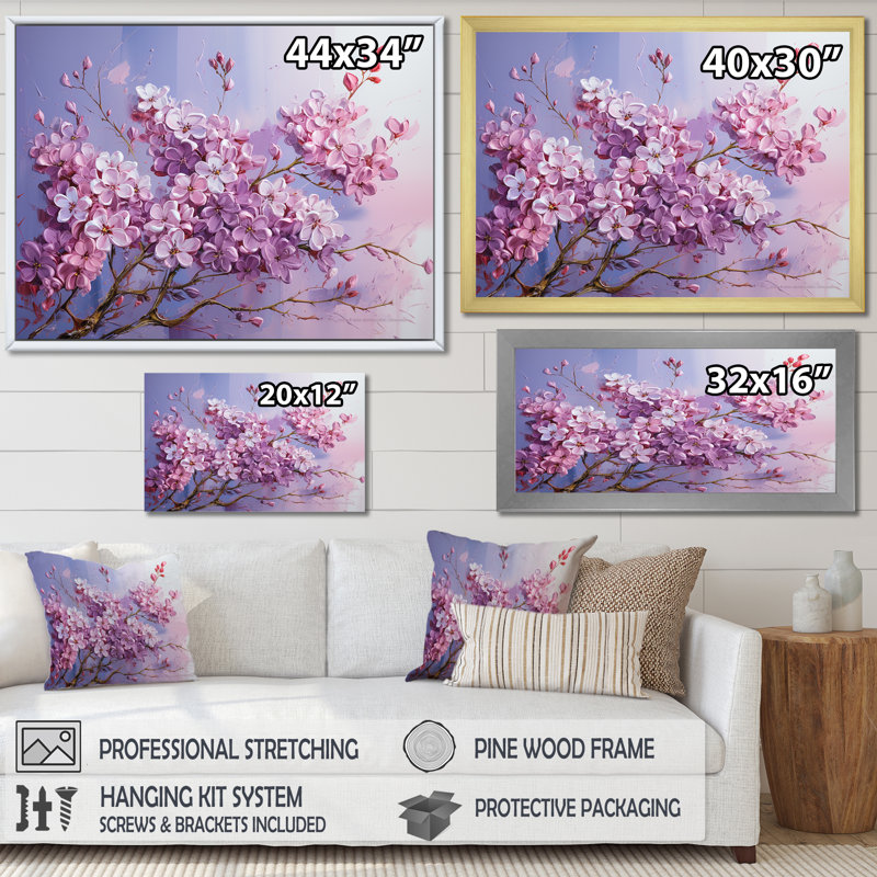 Lilas mauves, charme de campagne III sur toile, Cadre doré simple, H 12 po x l 20 po x P 1 po